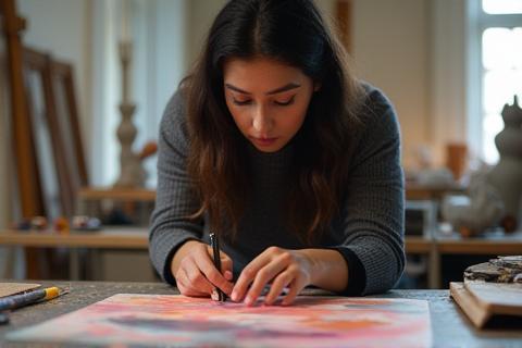 Visual artist Simran Kaur working on her artwork